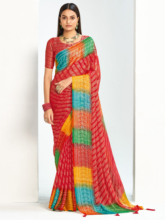 Red Bandhani Georgette Saree with Rainbow Border |
