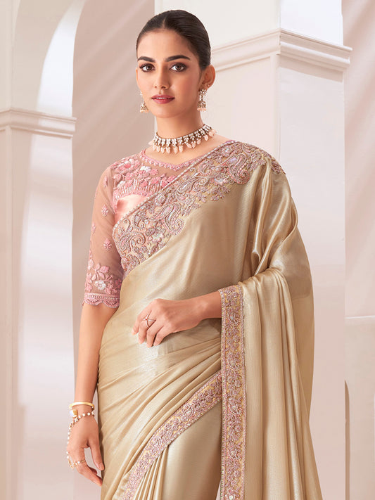 Cream & Peach Chiffon Saree