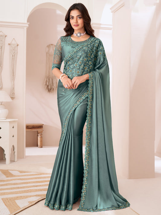 Sea Green Embellished Party wear Saree