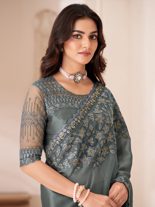 Steel Grey Embellished Party wear Saree