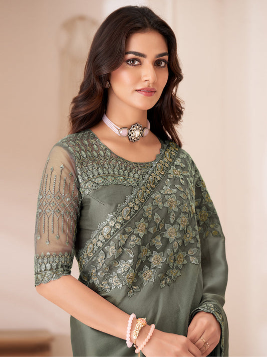 Rust Sea Green Embellished Party wear Saree
