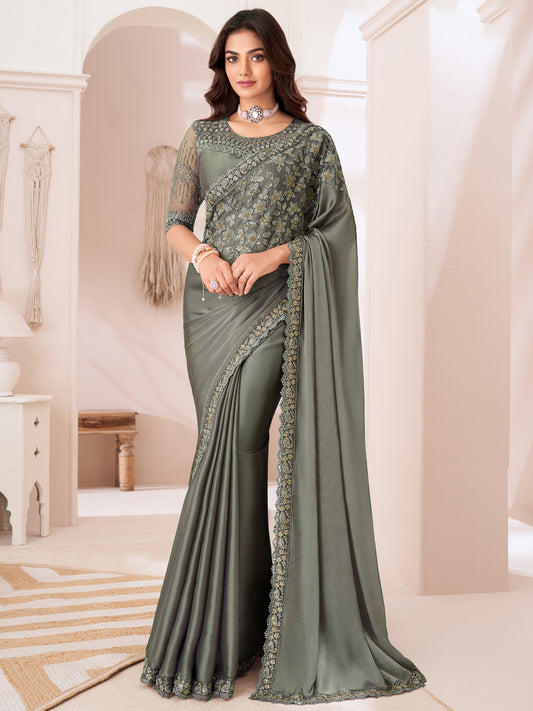 Rust Sea Green Embellished Party wear Saree