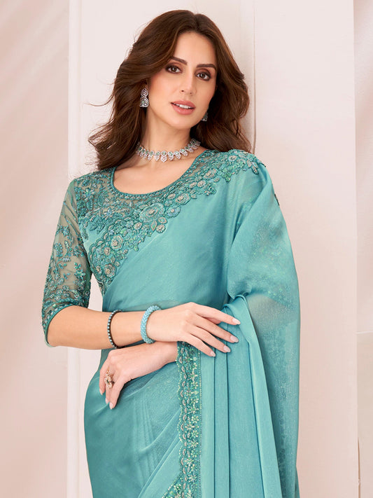 Blue Satin Embroidery Saree