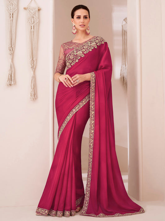 PInk Chiffon Emblished Party Wear Saree