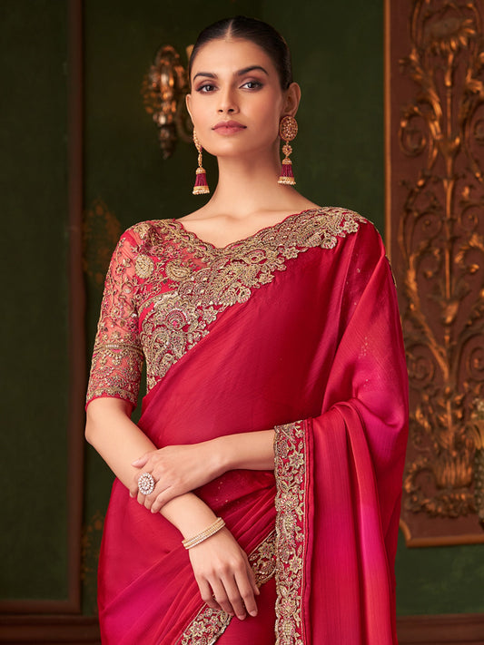 Red Embellished Sequinned Party Wear Saree