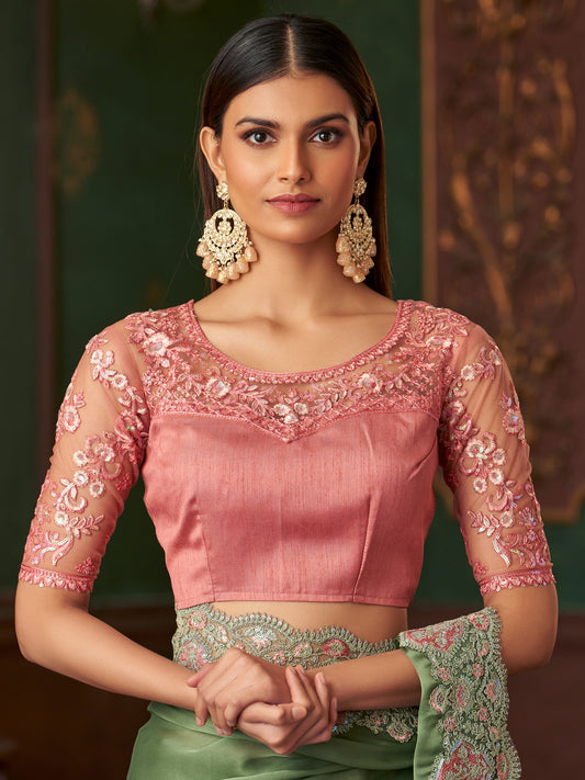 Pista Green Embellished Saree