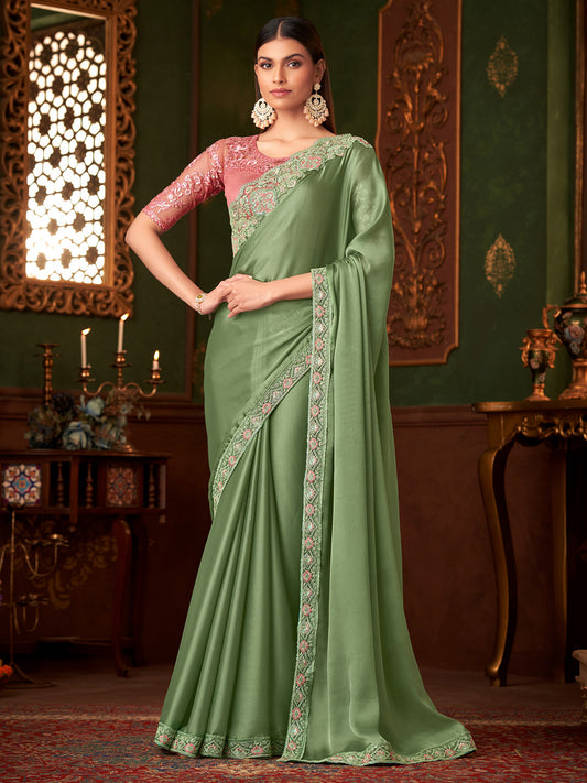 Pista Green Embellished Saree