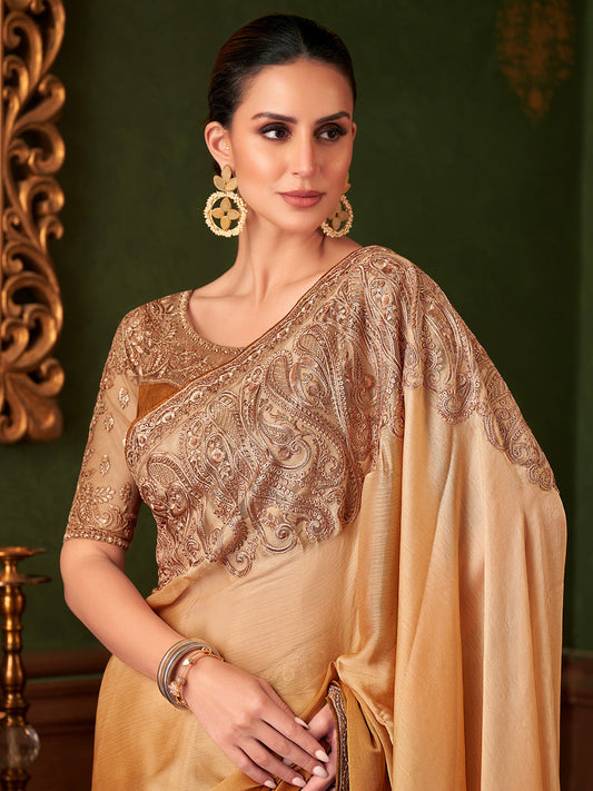Beige Embellished Party wear Saree