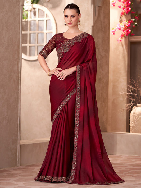 Maroon Embellished Party wear Saree