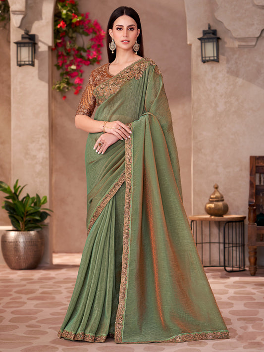Dual tone Green Georgette Embellished Saree