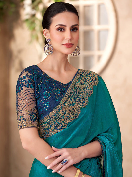 Teal Blue Embellished Party wear Saree