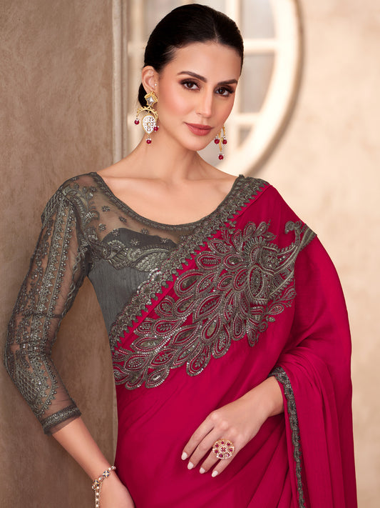 Maroon Embellished Party wear Saree