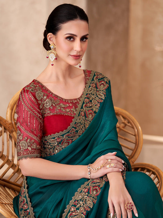 Deep Teal Embellished Saree with Contrast Blouse