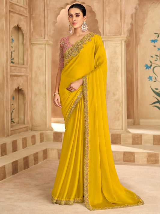 Mustard Yellow Plain Satin Saree