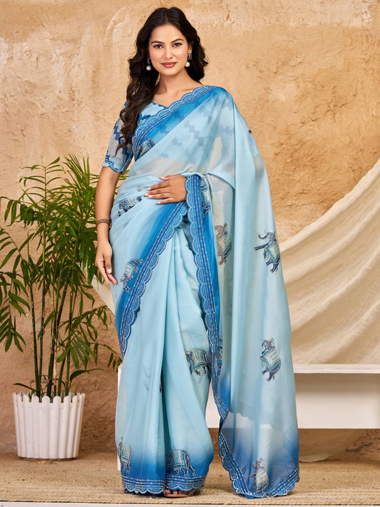 Ambika Light Blue Elephant Georgette Saree with Scallop Border & Light Blue Blouse Piece