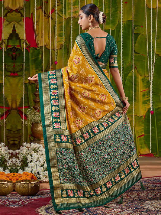 Mustard Yellow Bandhani Silk Saree with Green Patola Pallu