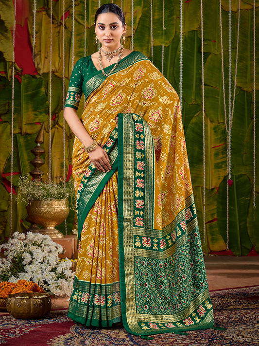 Mustard Yellow Bandhani Silk Saree with Green Patola Pallu