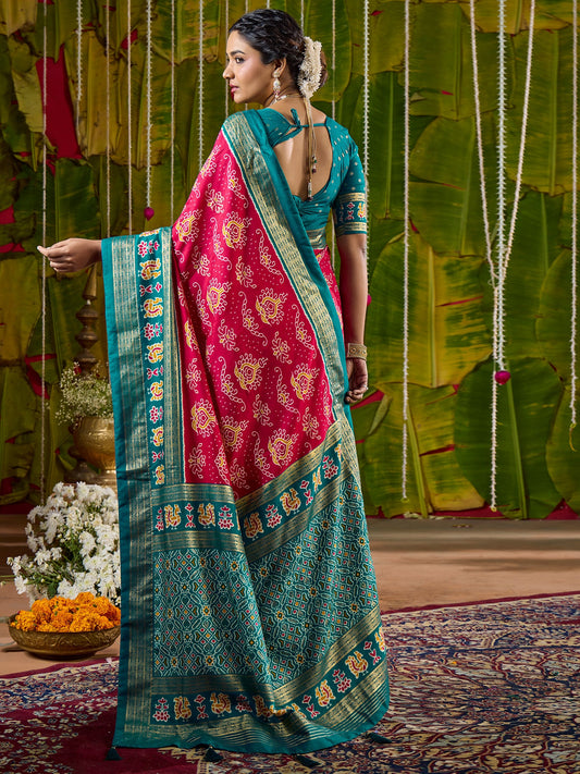 Crimson & Teal Bandhani Silk Saree with Patola Pallu & Blouse