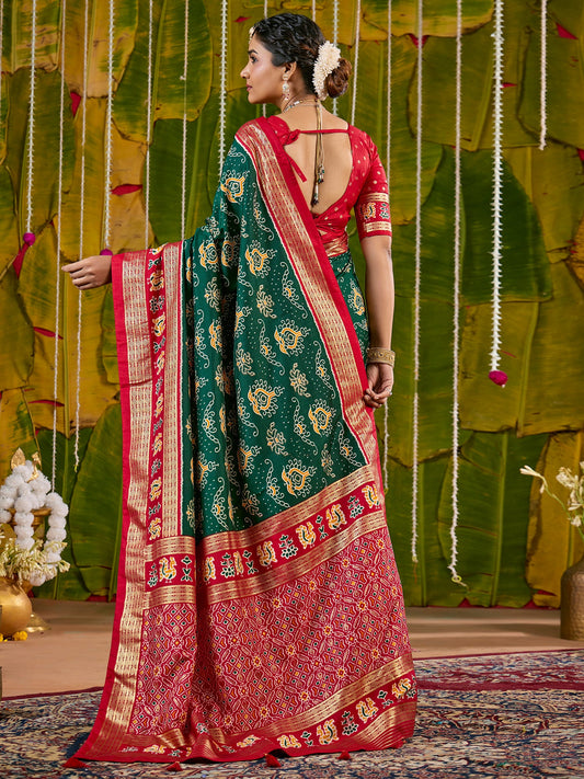 Green & Red Bandhani Silk Saree with Patola Pallu