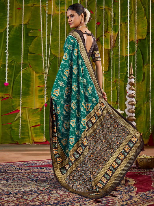 Bandhani Silk Saree in Teal & Black with Zari Border