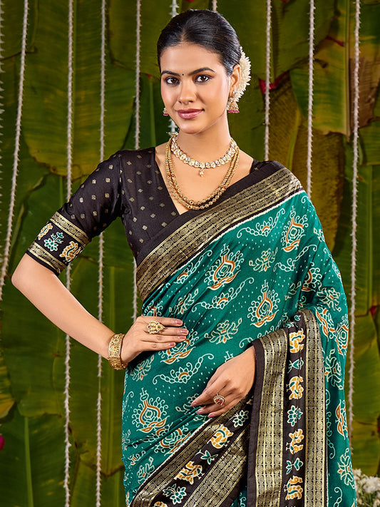 Tussar Silk Saree in Teal & Black with Zari Border