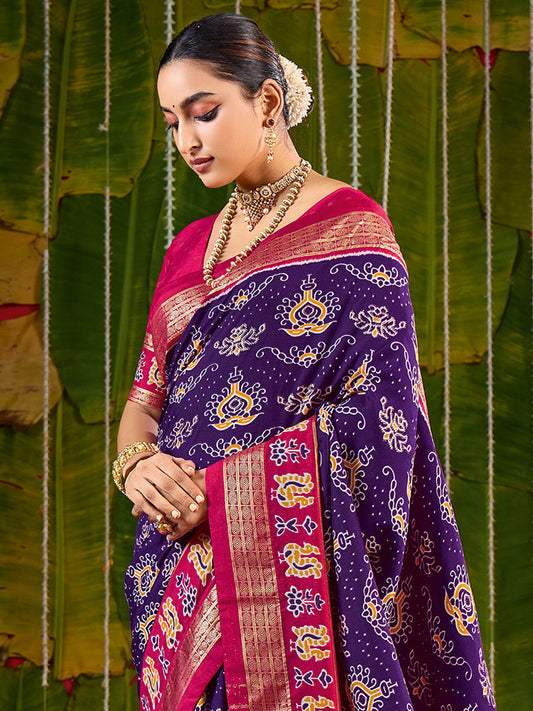 Purple & Pink Silk Saree with Zari Border