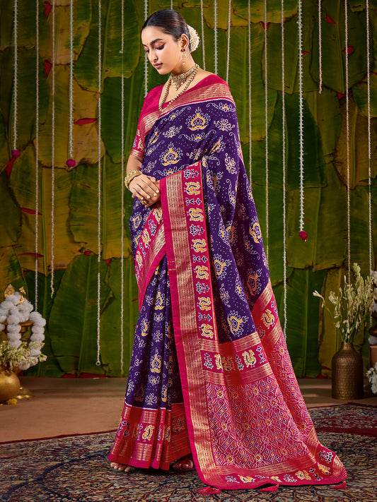 Purple & Pink Bandhani Silk Saree with Zari Border | SNJIVNISILK1006