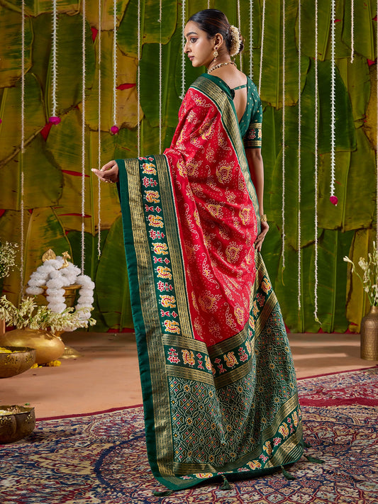 Red & Green Bandhani Patola Silk Saree