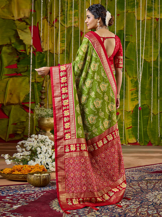 Green & Red Bandhani Silk Saree with Zari Border