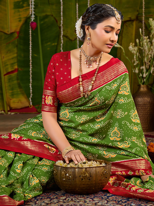 Green & Red Tussar Silk Saree with Zari Border