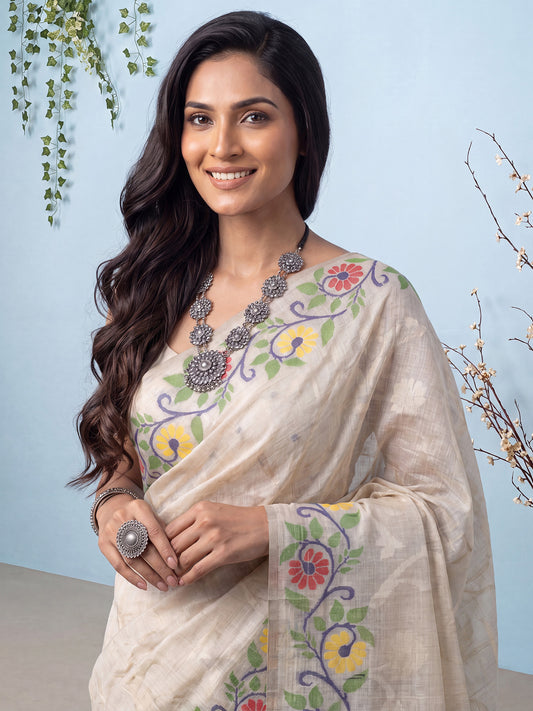 Off-White Multicolour Kantha Floral Cotton Saree