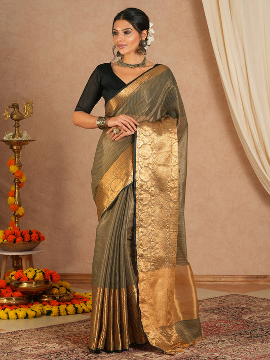 Sage Olive Green Kota Doria Silk Cotton Saree