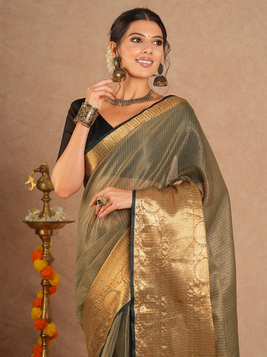 Sage Olive Green Kota Doria Silk Cotton Saree