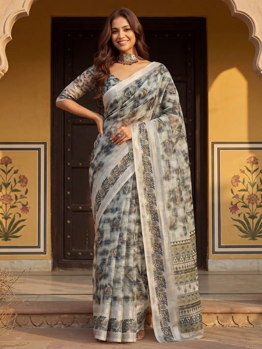 Grey and Off-White Shibori Printed Saree