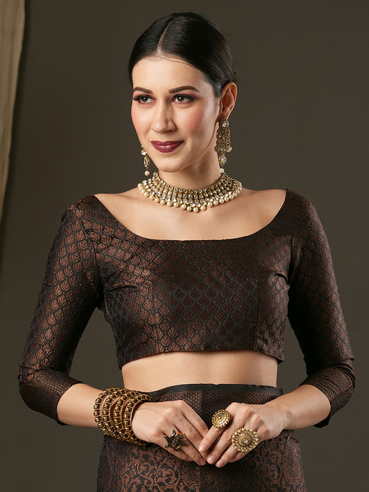 Rich Espresso Coffee Self-Design Jacquard Silk Saree with Woven Border