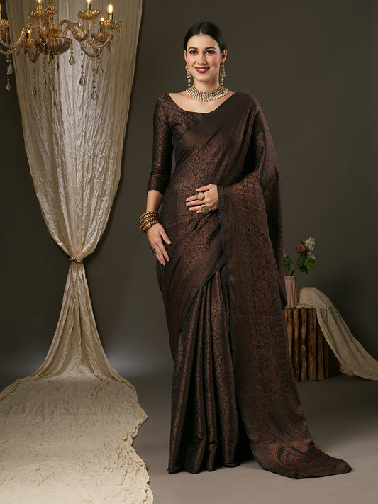 Rich Espresso Coffee Self-Design Jacquard Silk Saree with Woven Border