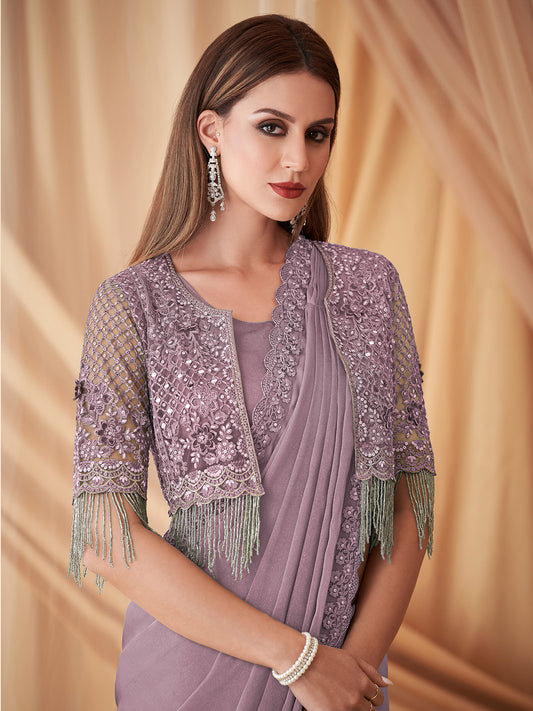 Mauve Georgette Emblished Party Wear Saree