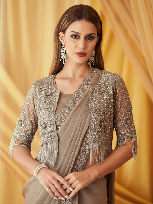 Taupe Georgette Sequin Embroidered Border Saree