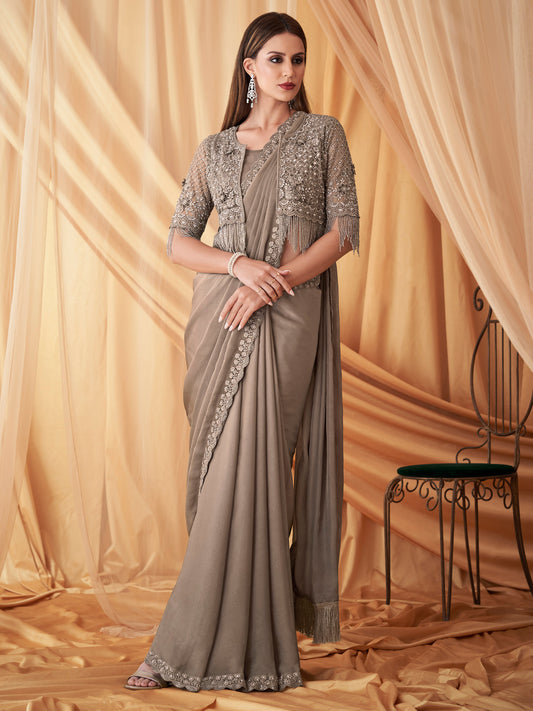 Taupe Georgette Sequin Embroidered Border Saree
