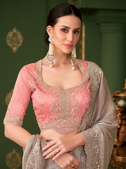 Cream Tissue Silk Saree with Scalloped Border