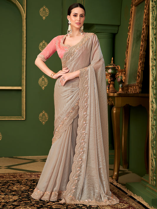 Cream Tissue Silk Saree with Scalloped Border