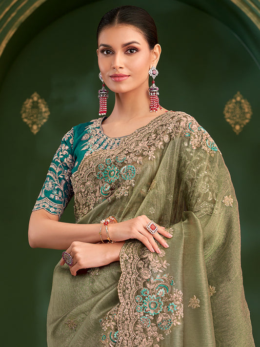 Sage Green Tissue Silk Saree with Scalloped Border