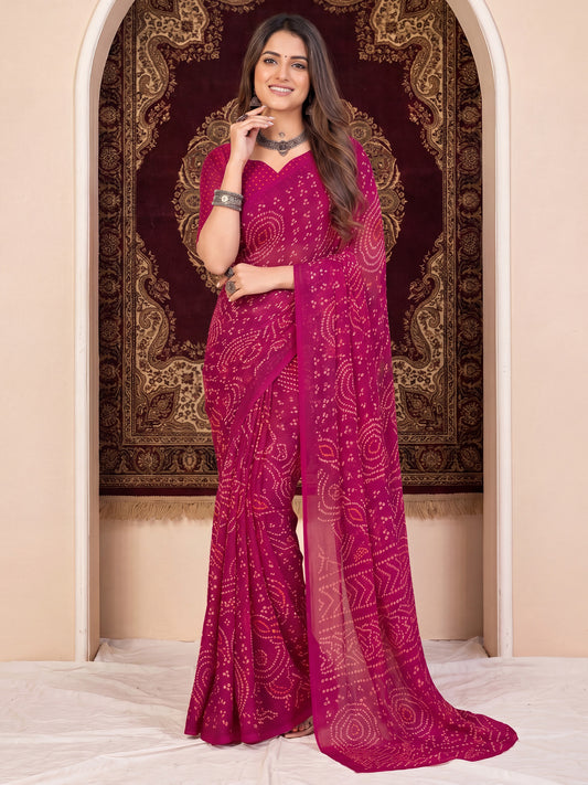 Rani Pink Bandhani Designer Printed Chiffon Saree