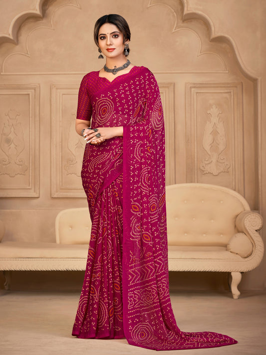 Magenta Pink Georgette Bandhani Print Saree