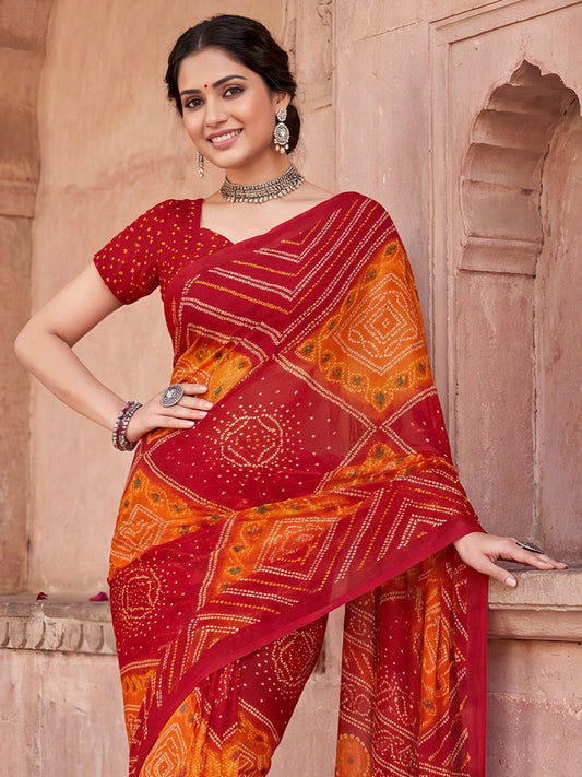 Red &Orange Bandhani Digital Print Chiffon Saree