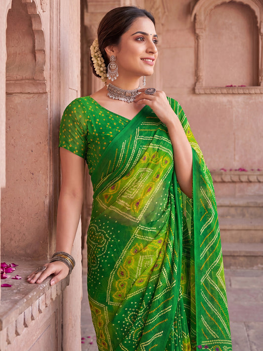 Green Bandhani Designer Printed Chiffon Saree