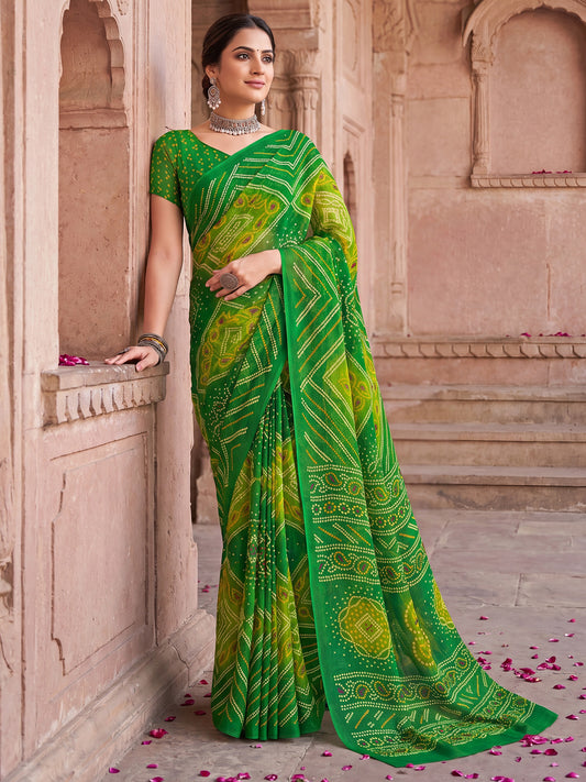 Green Bandhani Designer Printed Chiffon Saree