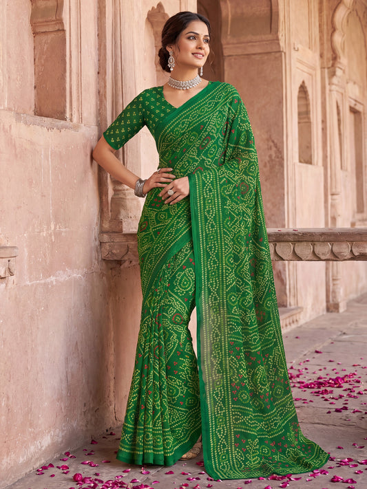 Green& Bandhani Digital Printed Chiffon Saree