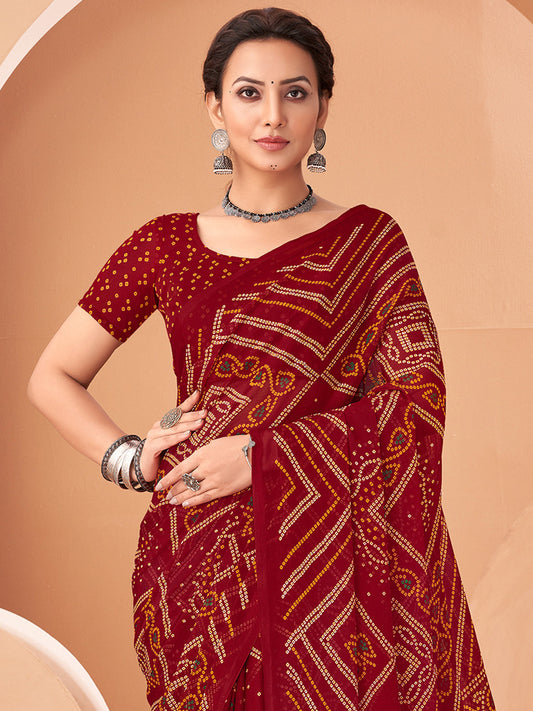 Maroon Bandhani Print Georgette Saree
