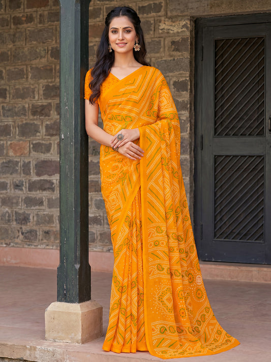 Mustard Yellow Bandhani Printed Chiffon Saree